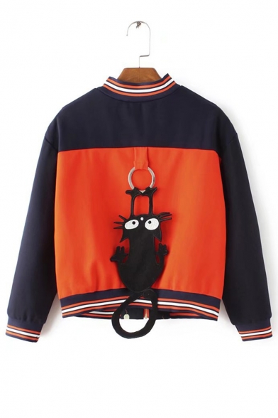 Fashion Color Block Cartoon Pattern Long Sleeve Stand-Up Collar Zip Up Jacket