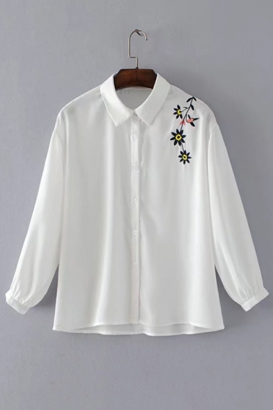 Fashion Floral Embroidered Shoulder Long Sleeve Buttons Down Shirt