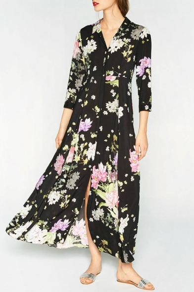 Fashion Floral Printed Lapel 3/4 Length Sleeve Button Down Maxi Shirt Dress