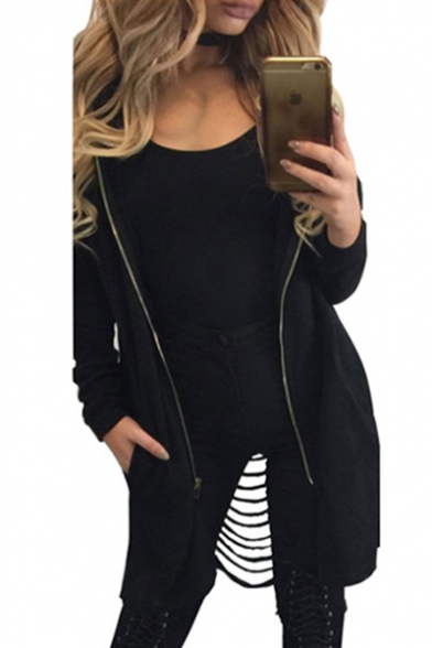 Fashion Hollow Out Back Hooded Long Sleeve Plain Zip Up Coat