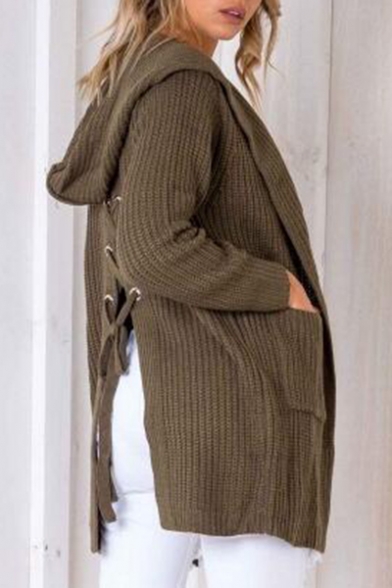 Fashion Lace-Up Split Back Hooded Long Sleeve Plain Cardigan with Double Pockets