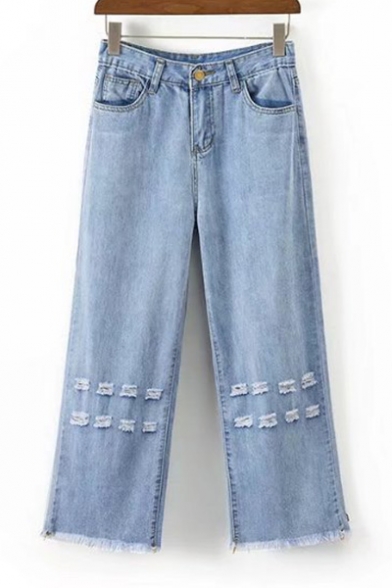 Fashion Ripped Out Fringe Hem Basic Simple Plain Wide Legs Jeans