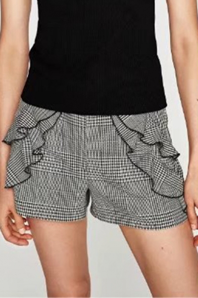 Fashion Ruffle Hem Classic Plaids Pattern Loose Casual Shorts