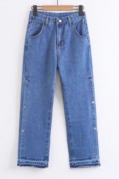 Fashion Snap Fastener Side High Waist Simple Plain Straight Legs Jeans