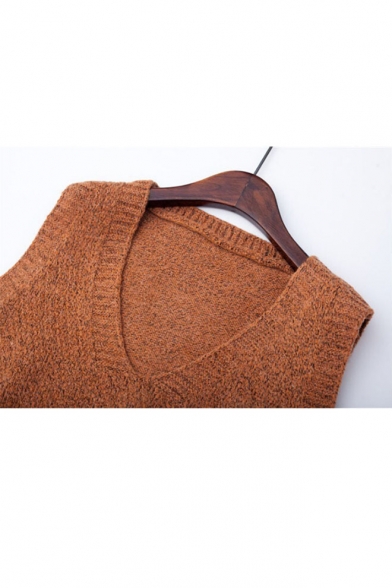 Fashion V Neck Sleeveless High Low Hem Basic Plain Sweater Vest with Single Pocket