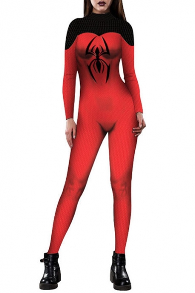 Hot Fashion Spider Man Pattern Skinny Round Neck Long Sleeve Jumpsuits