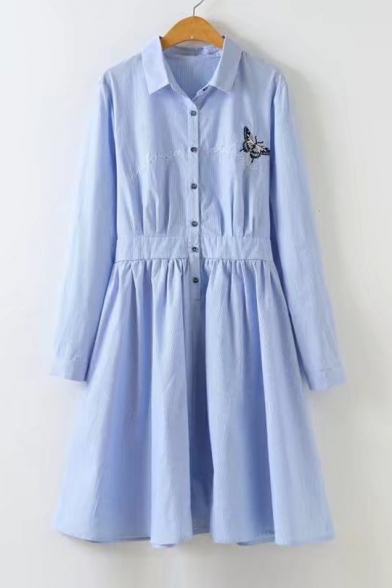 Letter Butterfly Embroidered Lapel Collar Long Sleeve Striped A-Line Shirt Dress