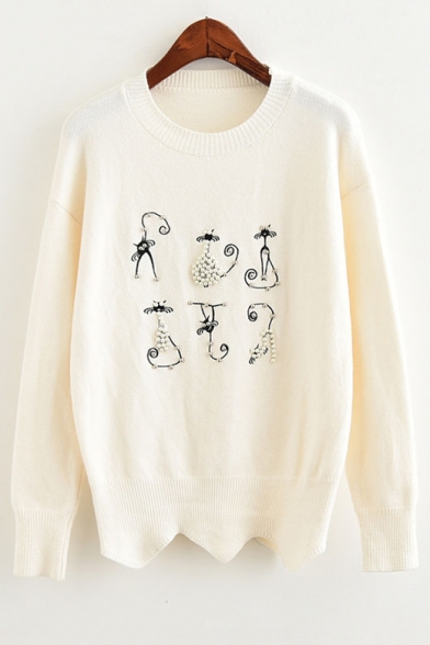 Lovely Cartoon Beaded Cat Printed Long Sleeve Round Neck Pullover Casual Sweater