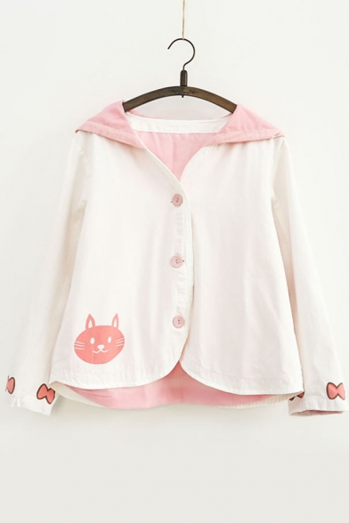 Lovely Cartoon Cat Pattern Hooded Long Sleeve Buttons Down Coat