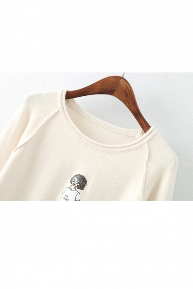 New Arrival Chic Cartoon Girl Printed Dipped Hem Round Neck Long Sleeve Sweater