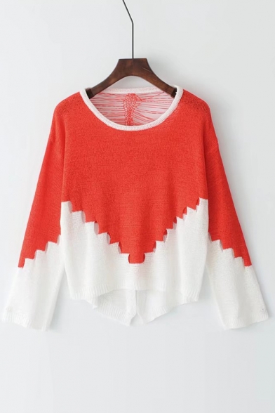 New Arrival Chic Color Block Hollow Out Round Neck Long Sleeve Sweater