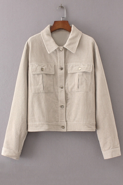 New Arrival Lapel Collar Long Sleeve Plain Buttons Down Corduroy Coat with Double Pockets