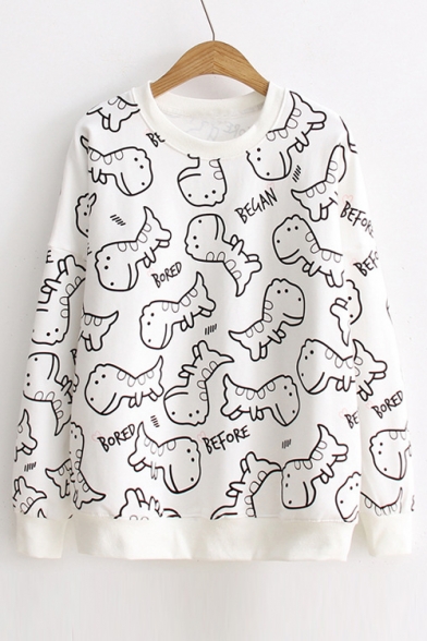 New Fashion Cartoon Dinosaur Pattern Round Neck Long Sleeve Pullover Sweatshirt