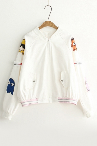 Stand-Up Collar Long Sleeve Cartoon Pattern Zip Up Casual Jacket