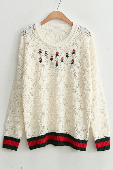 Striped Trim Hollow Out Embroidery Floral Pattern Round Neck Pullover Sweater