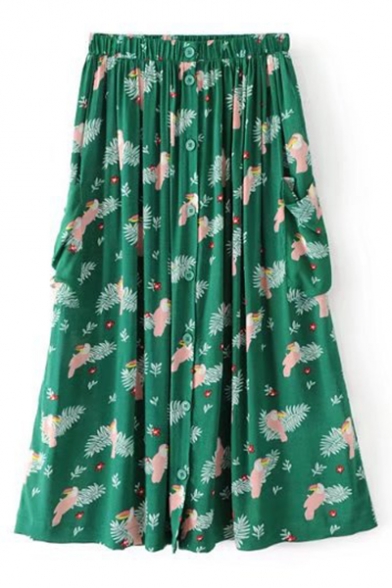 Summer's Chic Flying Birds Printed Elastic Waist Midi A-Line Skirt with Double Pockets