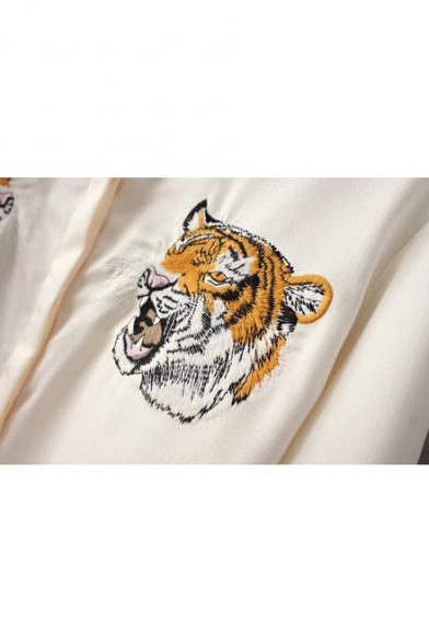 Symmetrical Tiger Head Embroidered Lapel Collar Long Sleeve Buttons Down Shirt