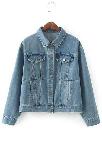 Vintage Blue Simple Plain Lapel Collar Long Sleeve Buttons Down Denim Jacket