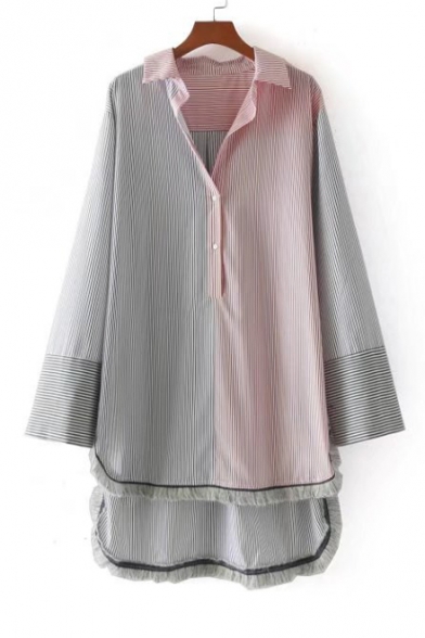 Women's High Low Hem Color Block Striped Long Sleeve Lapel Button Down Shirt