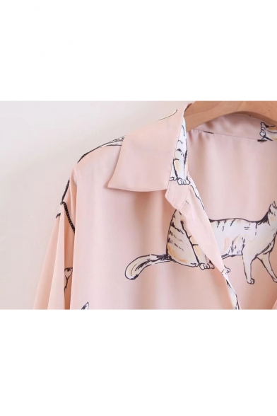 Casual Cute Cat Print Lapel Long Sleeve Single Breasted Shirt