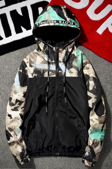 Chic Color Block Camouflage Pattern Hooded Zip Up Parka Coat for Couple