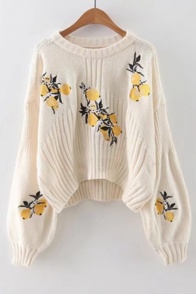 Chic Dipped Hem Lemon Embroidered Round Neck Long Sleeve Casual Sweater