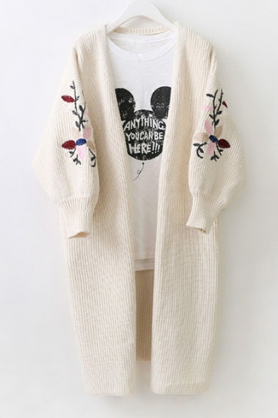 Chic Floral Embroidered Long Sleeve Open Front Casual Cardigan