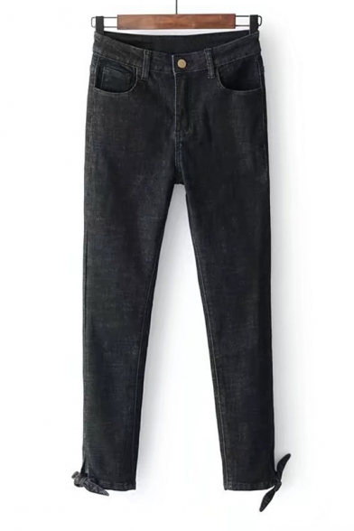 Chic Knotted Embellished Cuff Basic Simple Plain Skinny Jeans
