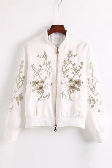 Chic Sequined Floral Pattern Long Sleeve Stand-Up Collar Zip Up Baseball Jacket