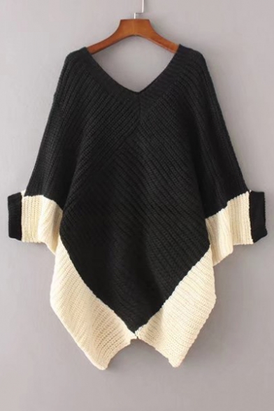 Color Block Asymmetric Hem Batwing 3/4 Length Sleeve V-Neck Cape Sweater