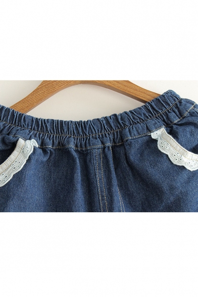 Contrast Embellished Pockets Trim Elastic Waist Casual Jeans