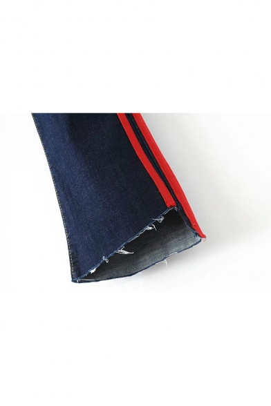 Contrast Striped Sides Asymmetric Cuffs High Waist Jeans