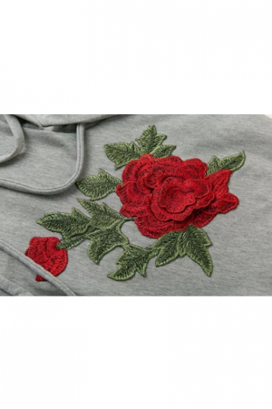 Drawstring Hooded Embroidery Floral Appliqued Short Sleeve Hoodie