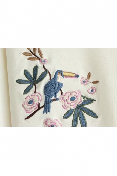 Embroidery Floral Bird Pattern Round Neck Long Sleeve T-Shirt