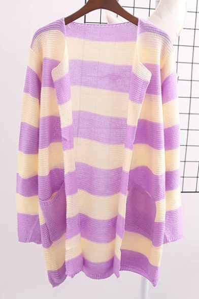 Fashion Color Block Striped Long Sleeve Open Front Tunic Cardigan
