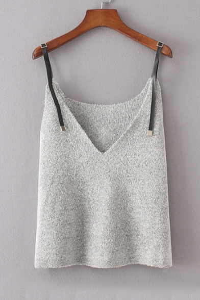 Fashion PU Straps V Neck Sleeveless Simple Plain Knit Cami Top