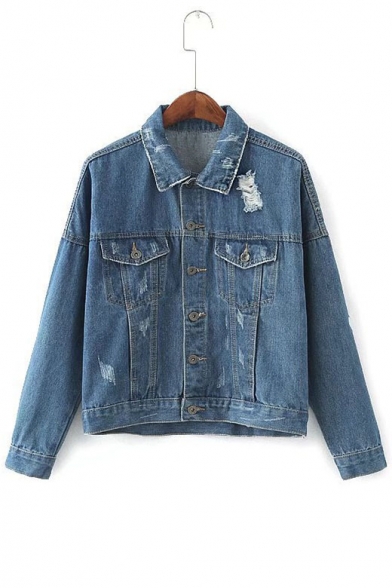 Fashion Ripped Out Lapel Collar Long Sleeve Plain Single Breasted Denim Jacket