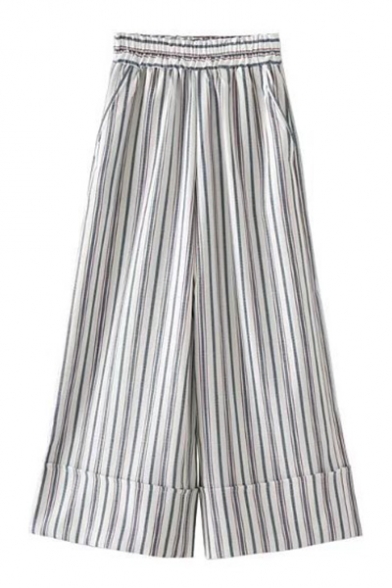 Folded Cuff Classic Striped Pattern Elastic Waist Loose Wide Legs Culottes Pants