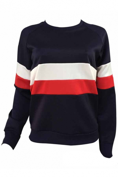 Hot Fashion Color Block Basic Round Neck Long Sleeve Pullover Sweatshirt