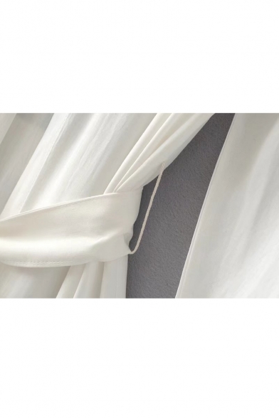 Hot Fashion Long Sleeve Lapel Collar Tied Waist Plain Asymmetrical Tunic Top with Single Button