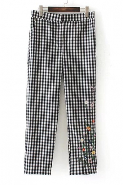 Leisure Embroidery Floral Pattern Plaid High Waist Pants