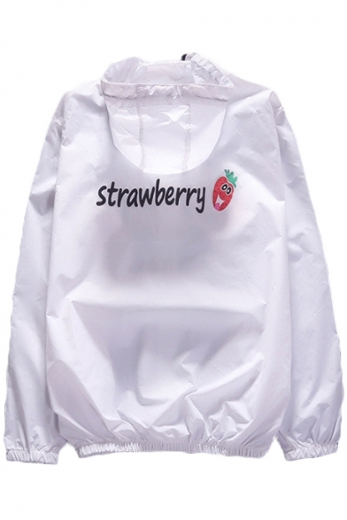 Lovely Cartoon Strawberry Pattern Back Hooded Long Sleeve Zip Up Coat