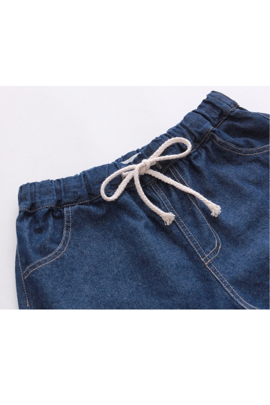 Lovely Embroidery Rabbit and Carrot Pattern Drawstring Waist Basic Jeans