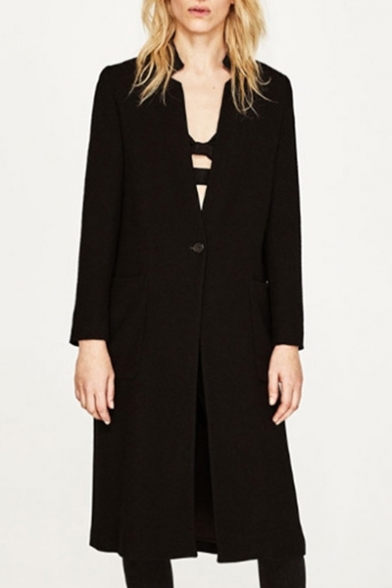 New Arrival Basic Plain Long Sleeve Double Pockets Trench Coat with Single Button