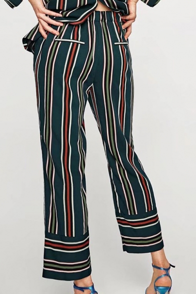 New Arrival Chic Striped Pattern Elastic Waist Loose Wide Legs Pants