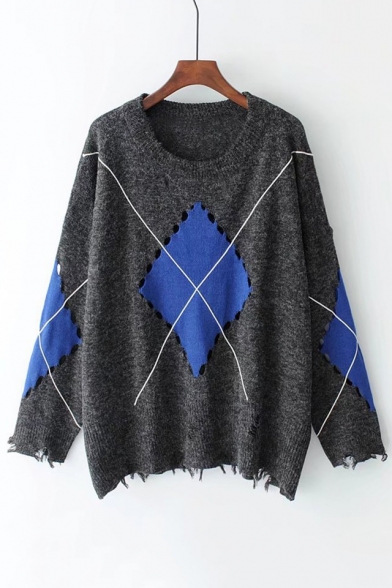 New Fashion Color Block Geometric Diamond Pattern Round Neck Long Sleeve Sweater