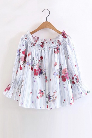 New Stylish Floral Printed Off the Shoulder Single Breasted Striped Blouse