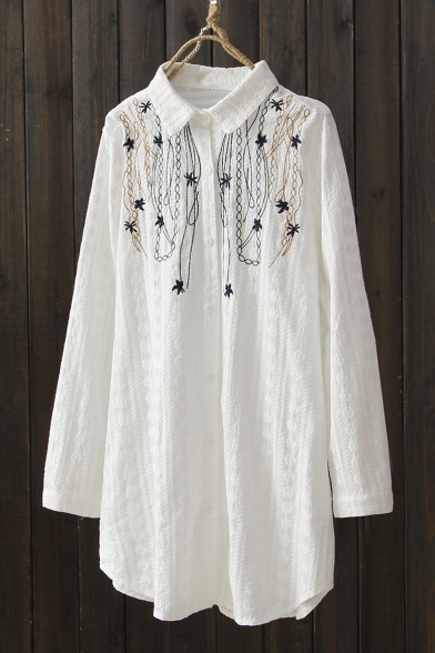 New Trendy Retro Embroidered Lapel Collar Long Sleeve Tunic Buttons Down Shirt