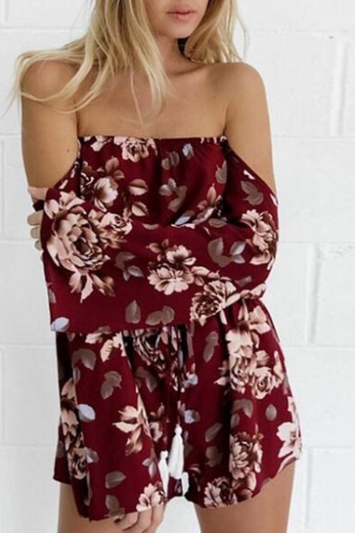 New Trendy Sexy Off The Shoulder Long Sleeve Floral Pattern Beach Rompers