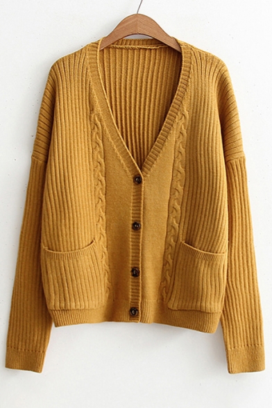 Retro Cable Knit Long Sleeve Buttons Down Plain Cardigan with Double Pockets